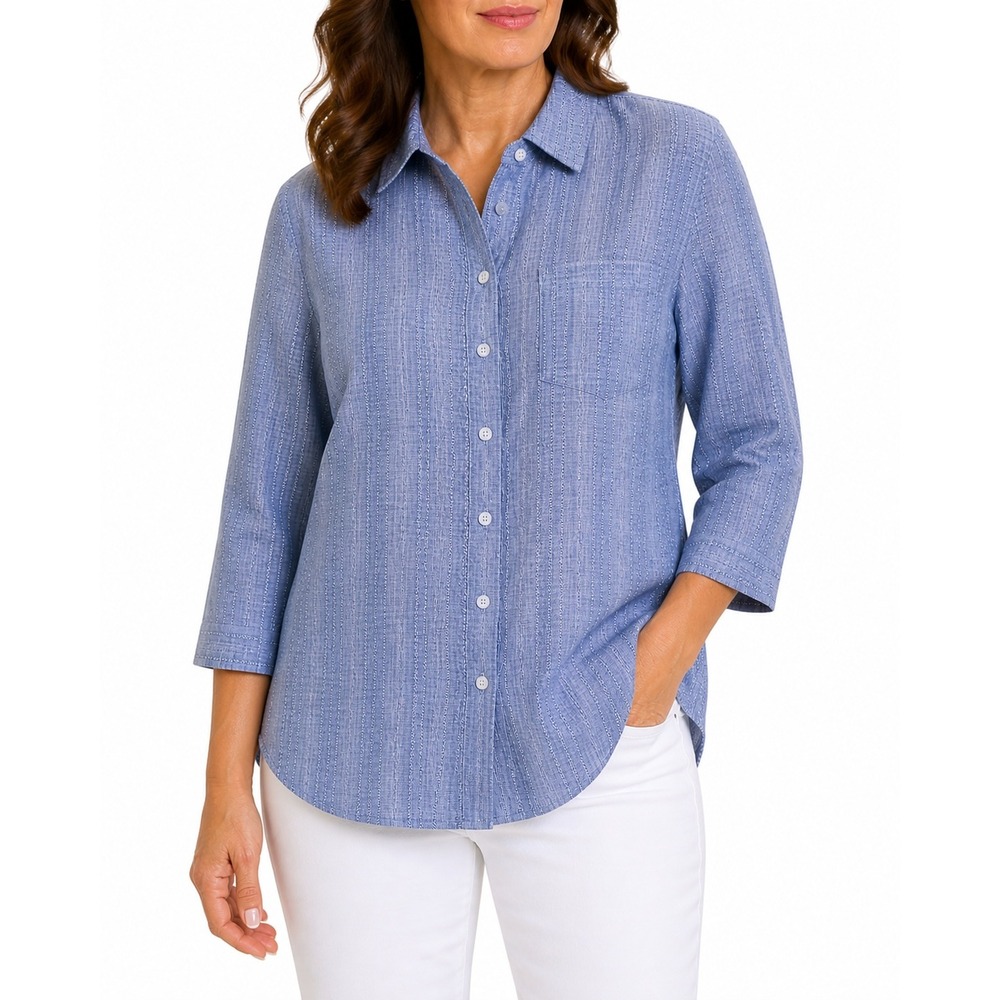 Chico's Sz 3 Blue Geometric No Iron 100% Linen Tunic Blouse Beachy Coastal Boho